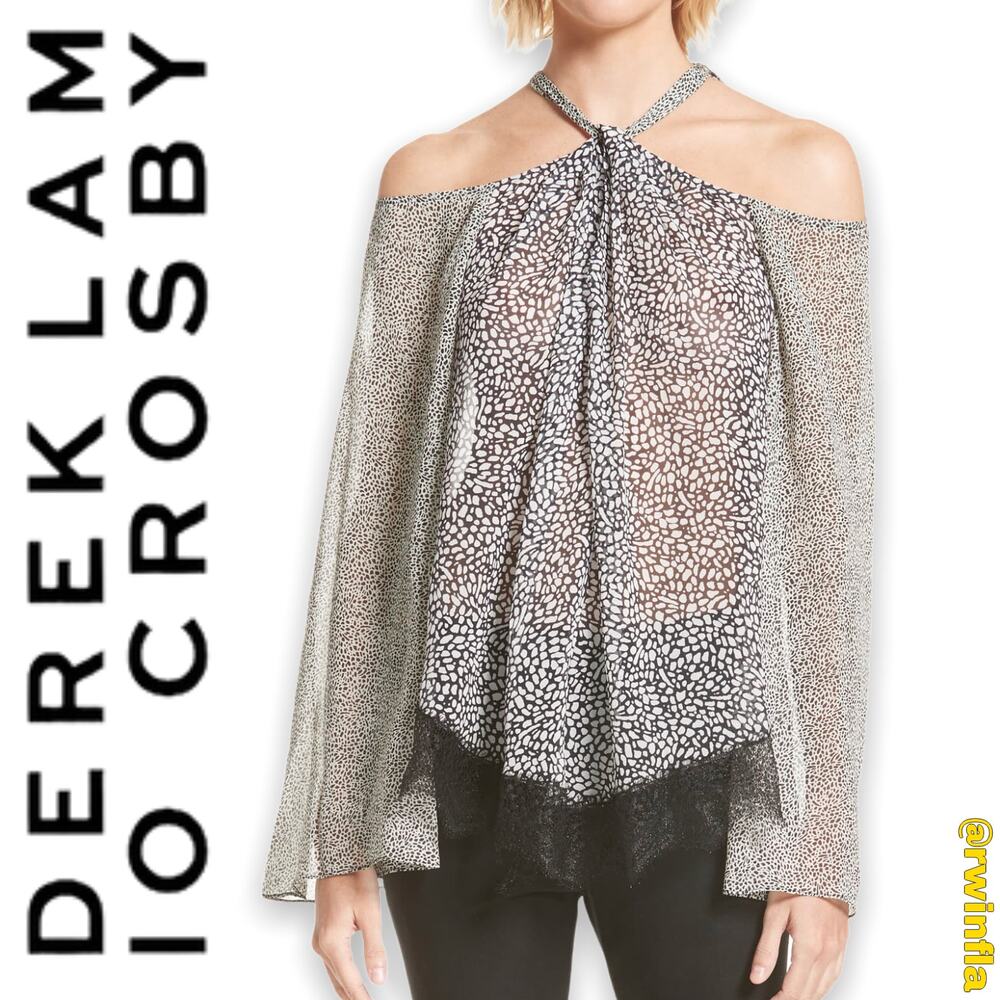 DEREK LAM 10 CROSBY Silk Lace Hem Cold Shoulder Halter Blouse Women's Sz 2 NWT